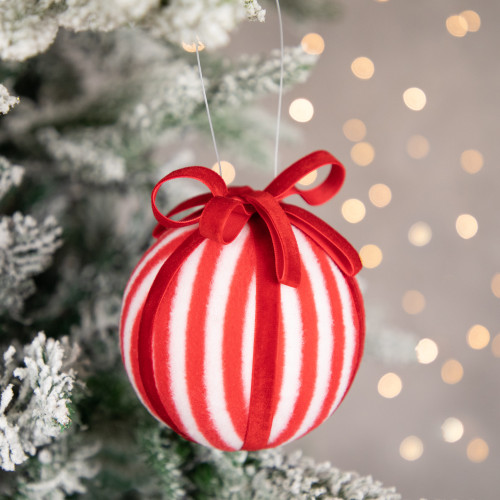 Red and White Striped Candy Cane Christmas Ball Ornament 4" (100mm)