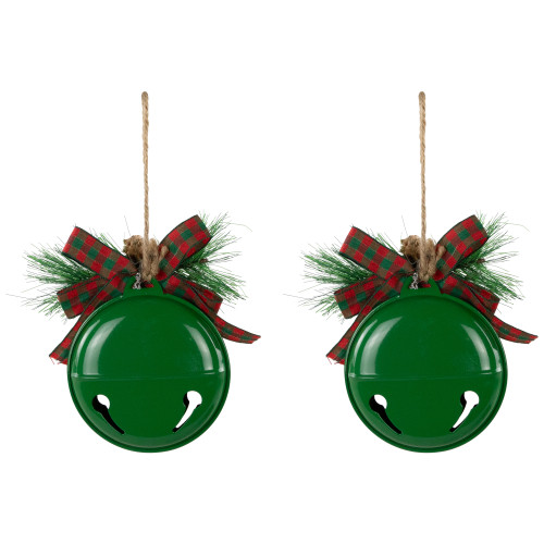 Jingle Bells with Bow and Pinecones Christmas Disc Ornaments - Green - 5" - Set of 2