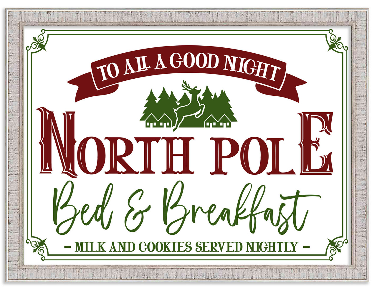 North Pole Bed and Breakfast 15" x 21.5" Framed Christmas Wall Decor Art Print Sign Poster in a White Wooden Frame with UV Acrylic and Hangers