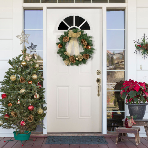 Pre-Decorated Ball Ornaments and Bow Artificial Christmas Wreath - 24" - Unlit