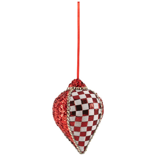 Sequined and Checkered Teardrop Christmas Ornaments - 4.75" - Red  - Set of 2