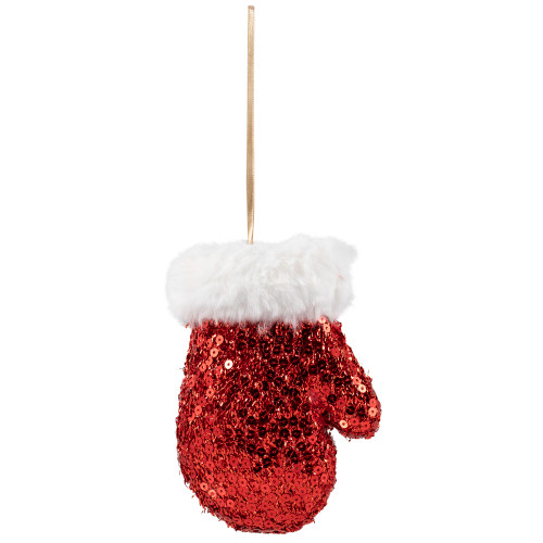 Sequined Winter Mitten with Plush Trim Christmas Ornament -  6" - Red