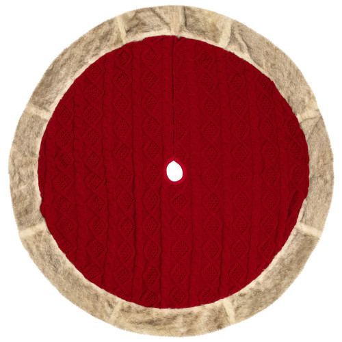 Cable Knit Christmas Tree Skirt with Faux Fur Trim- 48" - Red