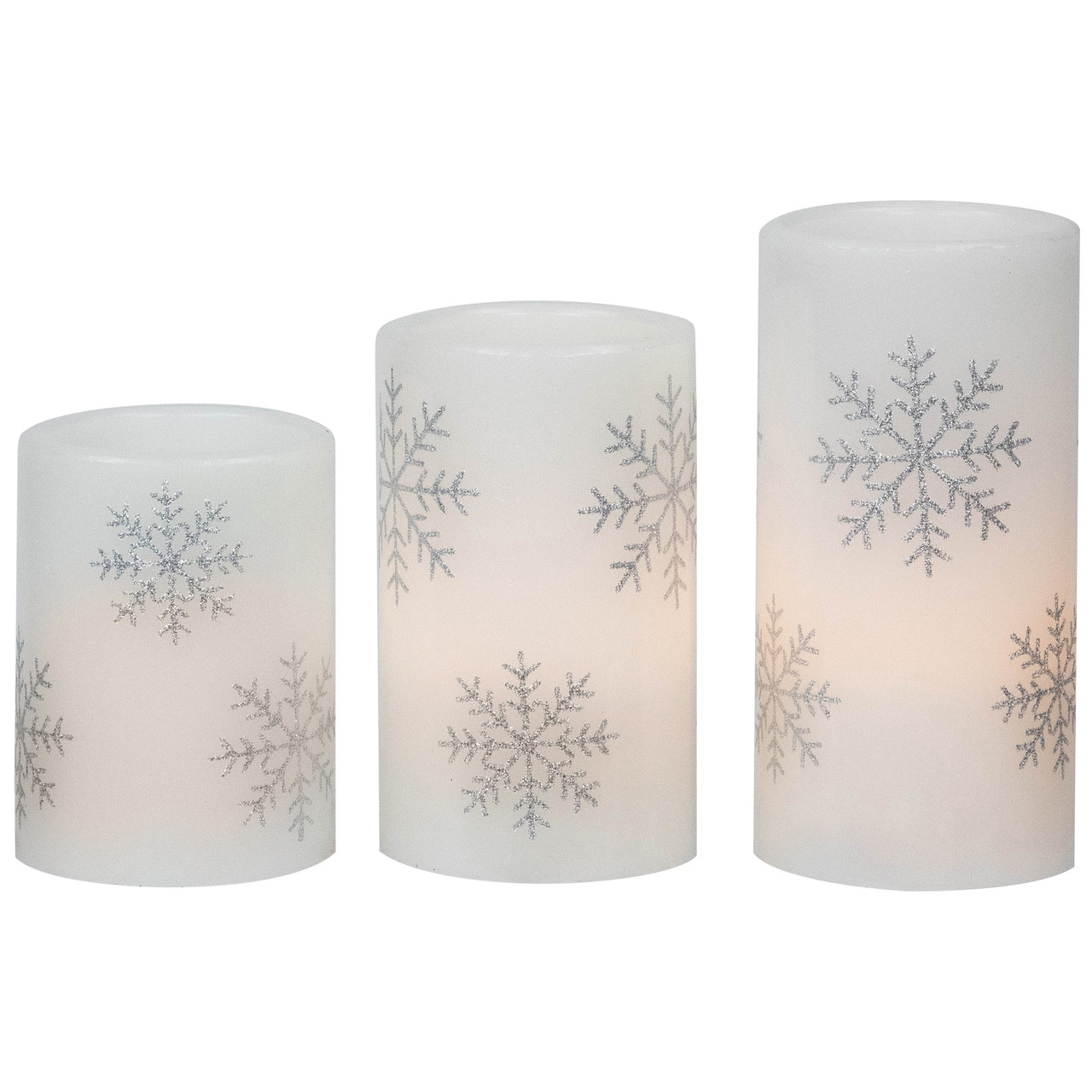 LED Flameless Flickering Wax Pillar Snowflake Christmas Candles - 6" - Set of 3