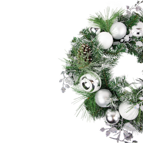 Green Pine Needle Wreath with Pinecones and Christmas Ornaments, 24-Inch, Unlit