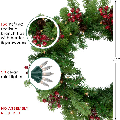 Real Touch?? Pre-lit Noble Fir with Berries Artificial Christmas Wreath - 24" - Clear Lights