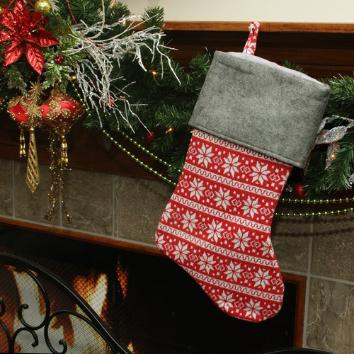 19" Festive Red, White and Grey Poinsettia Style Snowflake Motif Sweater Knit Christmas Stocking