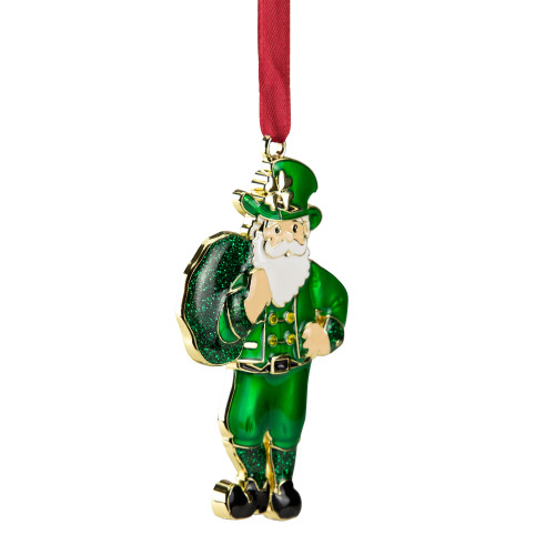 3.5" Green Brass-Plated Irish Santa Christmas Ornament with European Crystals