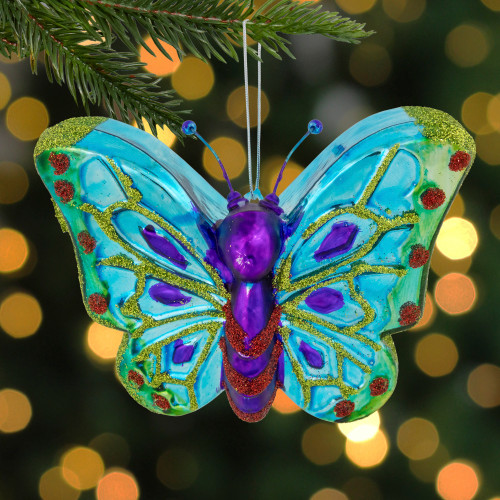 4.5" Blue and Pink Butterfly Glass Christmas Ornament