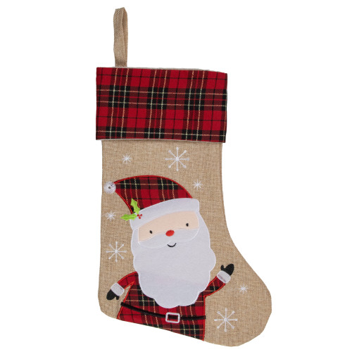 19" Burlap Plaid Whimsical Santa Waiving Christmas Stocking
