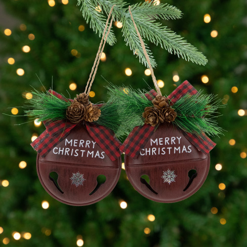 Snowflake "Merry Christmas" Jingle Bell Disc Ornaments - 5" - Set of 2