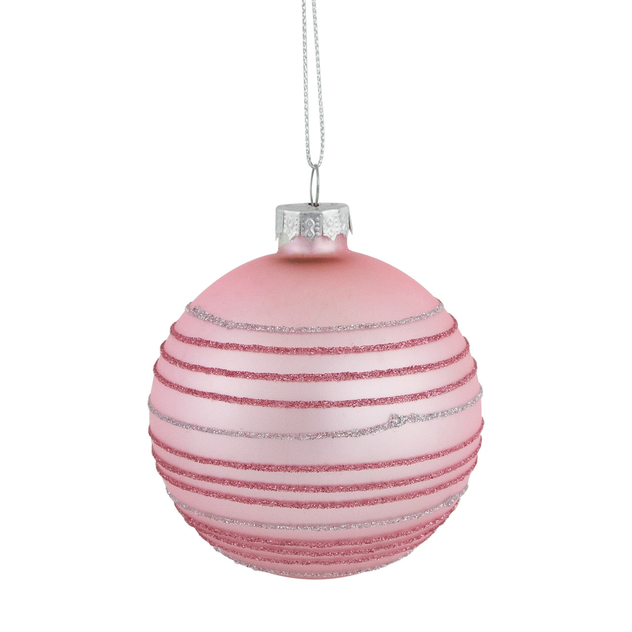 Set of 4 Pink Glitter Striped Glass Christmas Ball Ornaments 3" (80mm)
