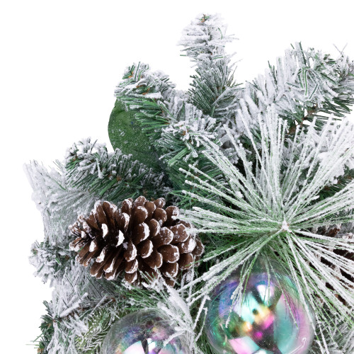 30" Flocked Pine Artificial Christmas Teardrop Swag with Iridescent Ornaments - Unlit