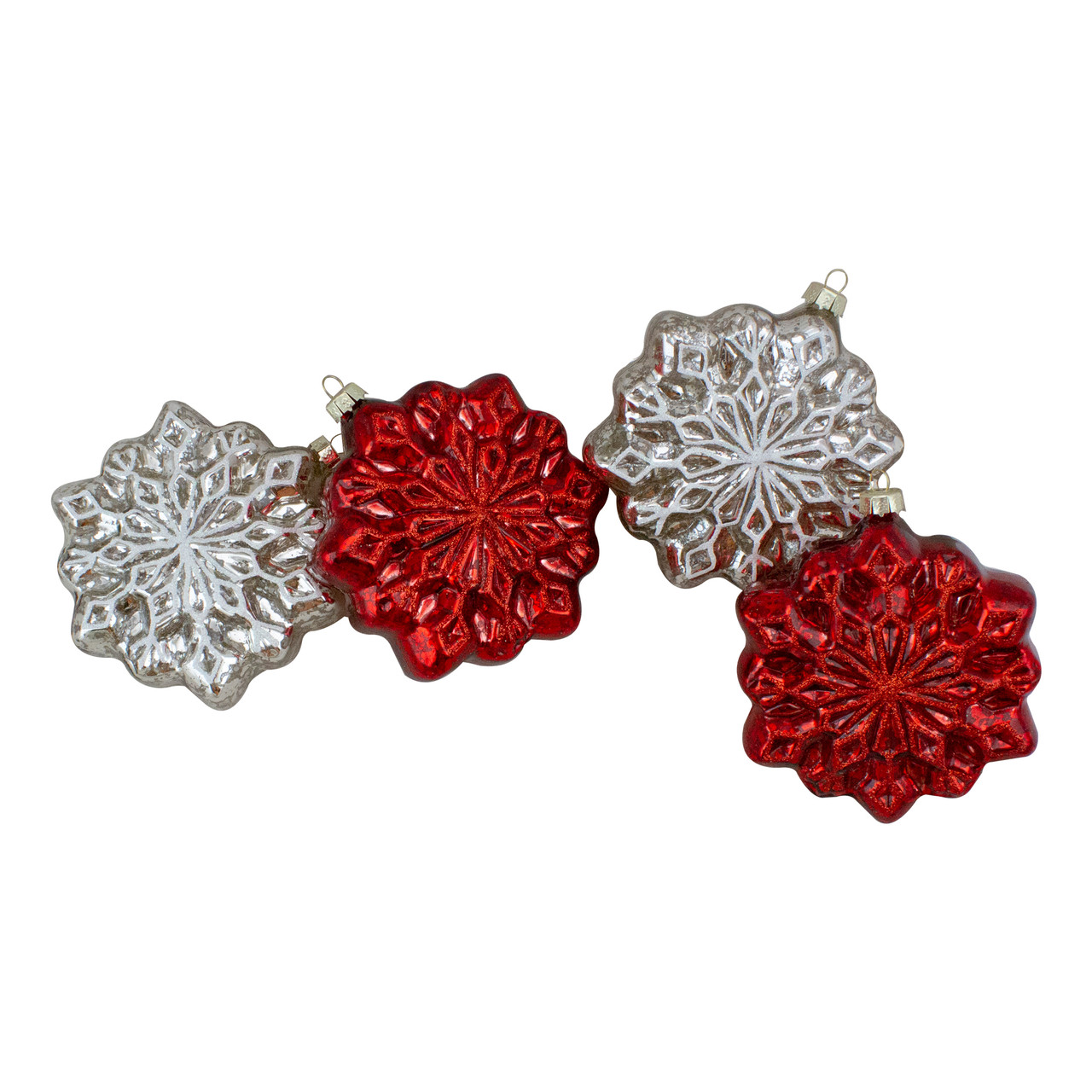 4ct Red and Silver Glass Snowflake Hanging Christmas Decorations 3.75-Inch (100mm)