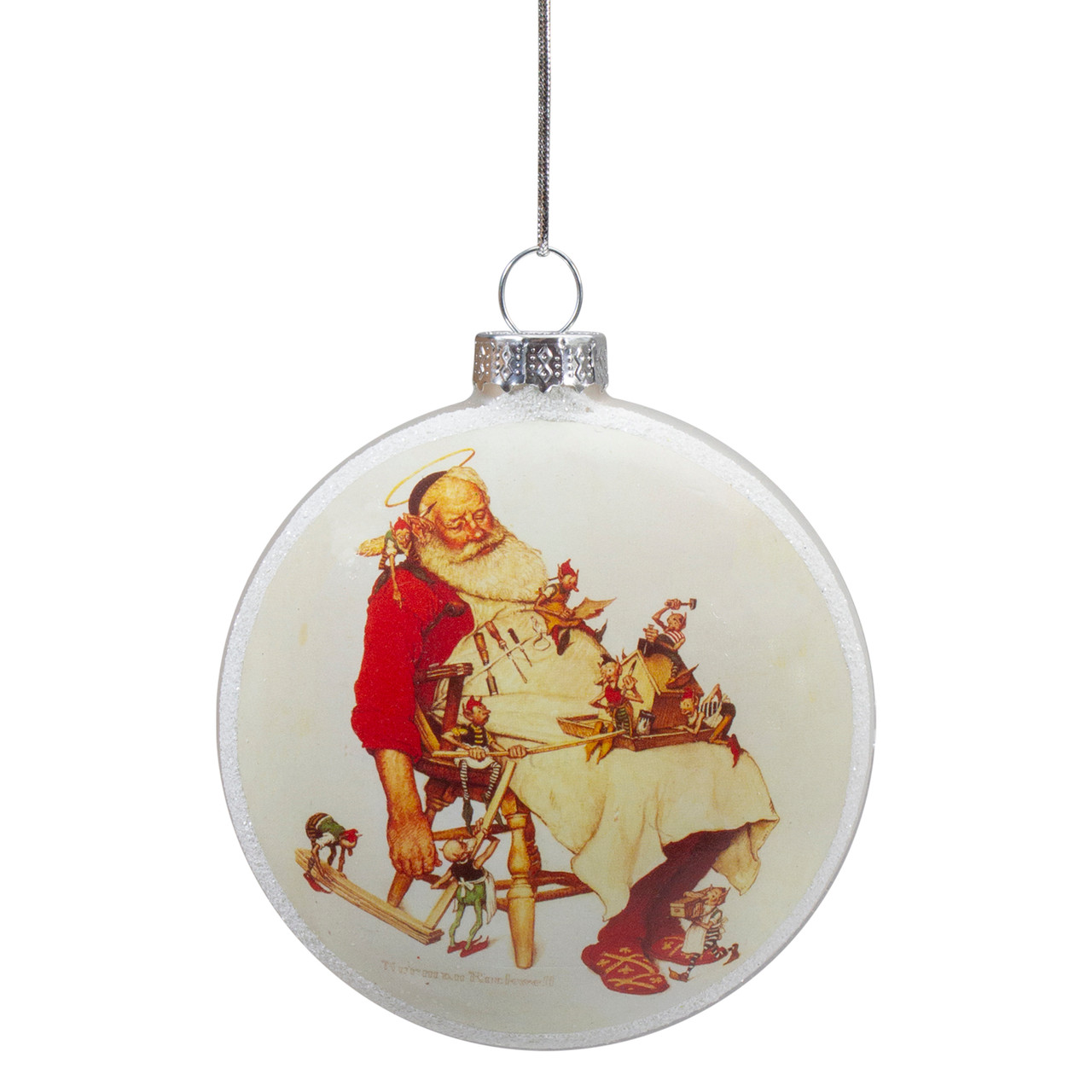 3" Norman Rockwell 'Santa and His Helpers' Glass Christmas Disc Ornament