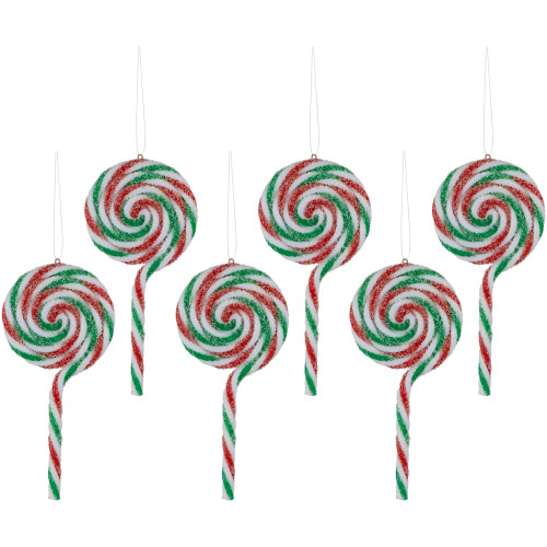 6ct Frosted White, Green and Red Lollipop Christmas Ornaments 7"