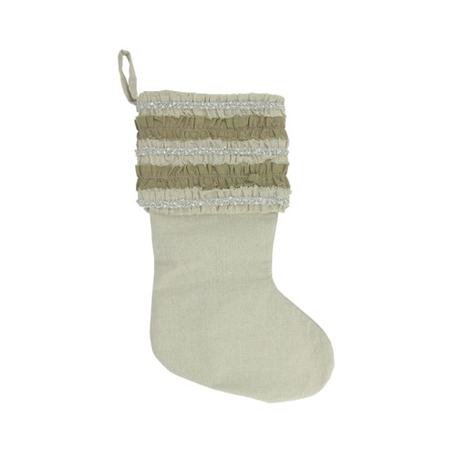 21" Ivory and Sage Green Rustic Christmas Stocking with Beaded Ruffled Cuff