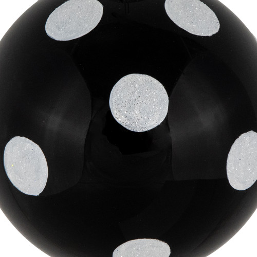 Set of 2 Black and White Glittered Polka Dot Glass Christmas Ball Ornaments 4"