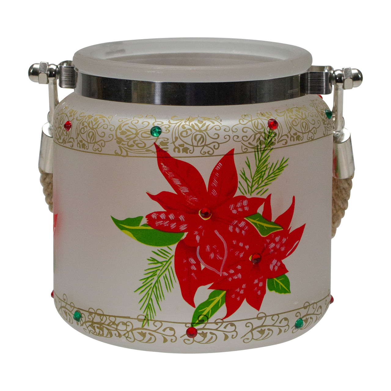 4" Hand-Painted Red Poinsettias and Gold Flameless Glass Christmas Candle Holder