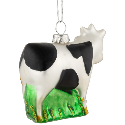 3" White and Black Cow Glass Christmas Ornament