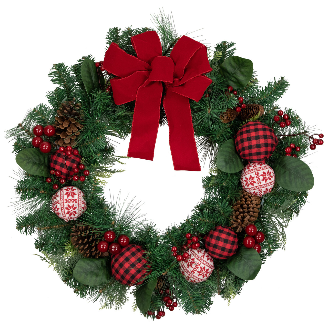 Red Bow and Mixed Foliage Artificial Christmas Wreath with Ornaments, 30-Inch