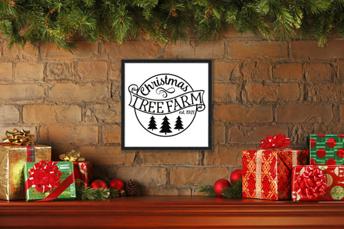 Black and White Christmas Tree Farm 15.5" x 15.5" Framed Christmas Wall Decor  Sign Poster in a Black Wooden Frame with UV Acrylic and Hangers