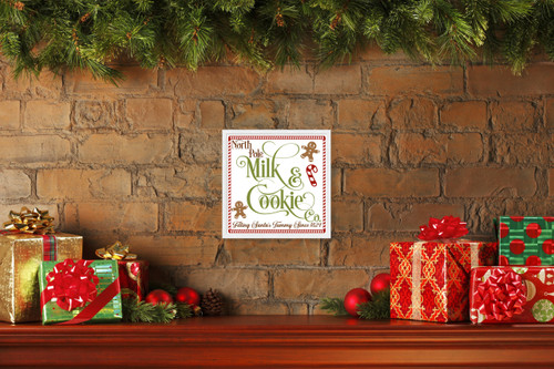 North Pole Milk and Cookie Co 9.5" x 9.5" Framed Christmas Wall Decor Art Print Sign Poster in a Natural Wooden Frame with UV Acrylic and Hangers