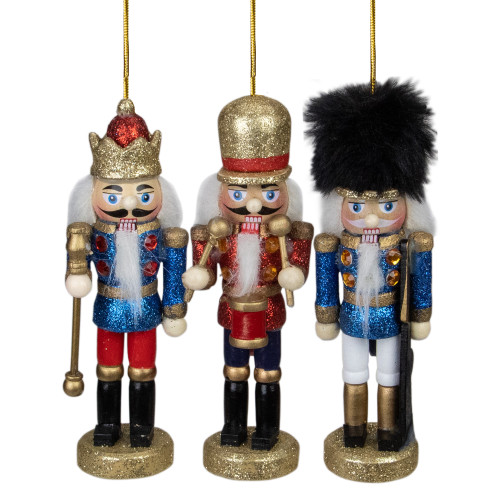Set of 3 Glittery Nutcracker King, Soldier and Drummer Ornaments 5.25"
