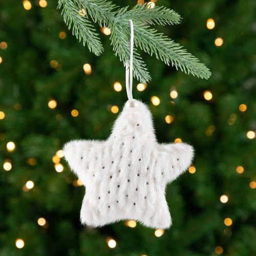 Faux Fur Star Christmas Ornaments - 4.75" - White - Set of 4