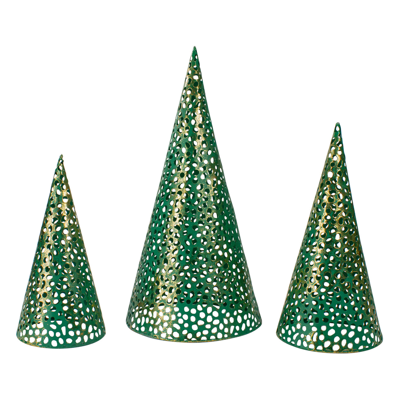 Christmas Cone Trees - 16" - Green and Gold - Set of 3