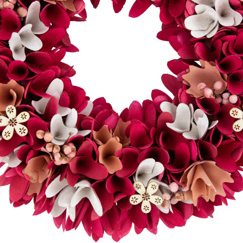 Wooden Floral Spring Wreath with Berries - 13" - Fuchsia Pink and White
