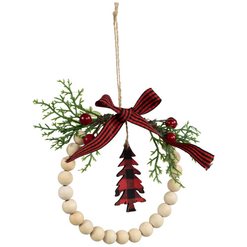 Buffalo Plaid Tree and Bow Wooden Beaded Christmas Wreath Ornament - 5.5"