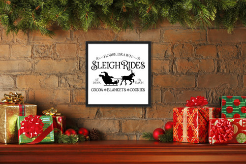 Horse Drawn Sleigh Rides 15.5" x 15.5" Framed Christmas Wall Decor Art Print Sign Poster in a Black Wooden Frame with UV Acrylic and Hangers