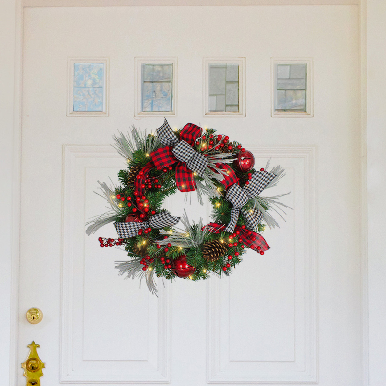 Pre-Lit Plaid and Houndstooth Artificial Christmas Wreath - 24" - Warm White Lights