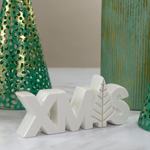 Lettered "XMAS" Tree Ceramic Christmas Sign - 8" - White and Gold