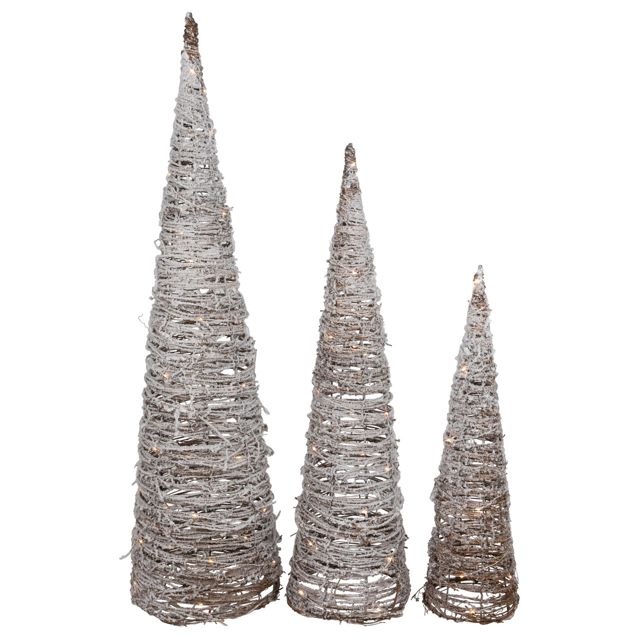 LED Lighted Snowy Rattan Christmas Cone Tree Decorations - 3.25' - Set of 3