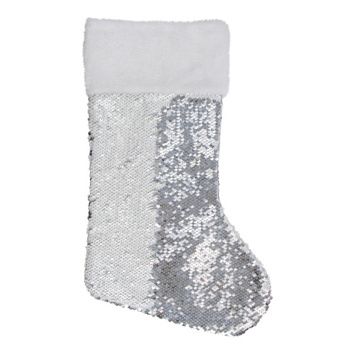 19" White and Silver Sequin Christmas Stocking With White Faux Fur Cuff