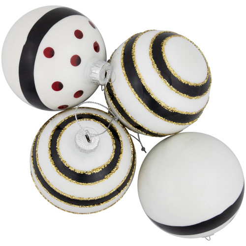 Shiny Finish Striped Christmas Glass Ball Ornaments - 3" (80mm) - White and Black  - Set of 4