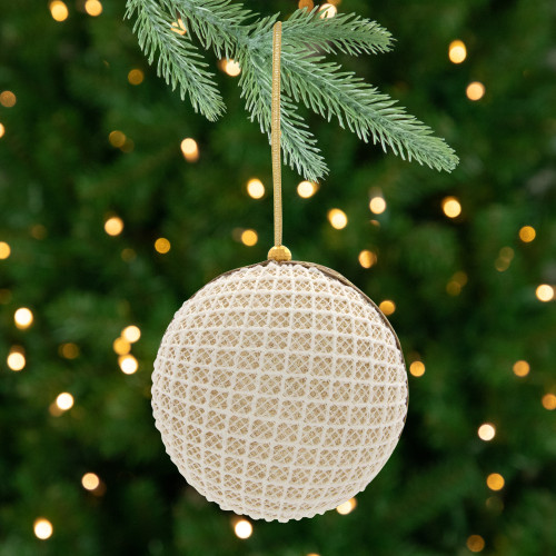 Mesh and Ribbon Christmas Ball Ornament - 4" - Gold - Set of 6