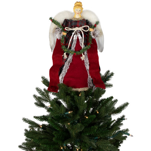 16" Red and Plaid Angel Christmas Tree Topper, Unlit