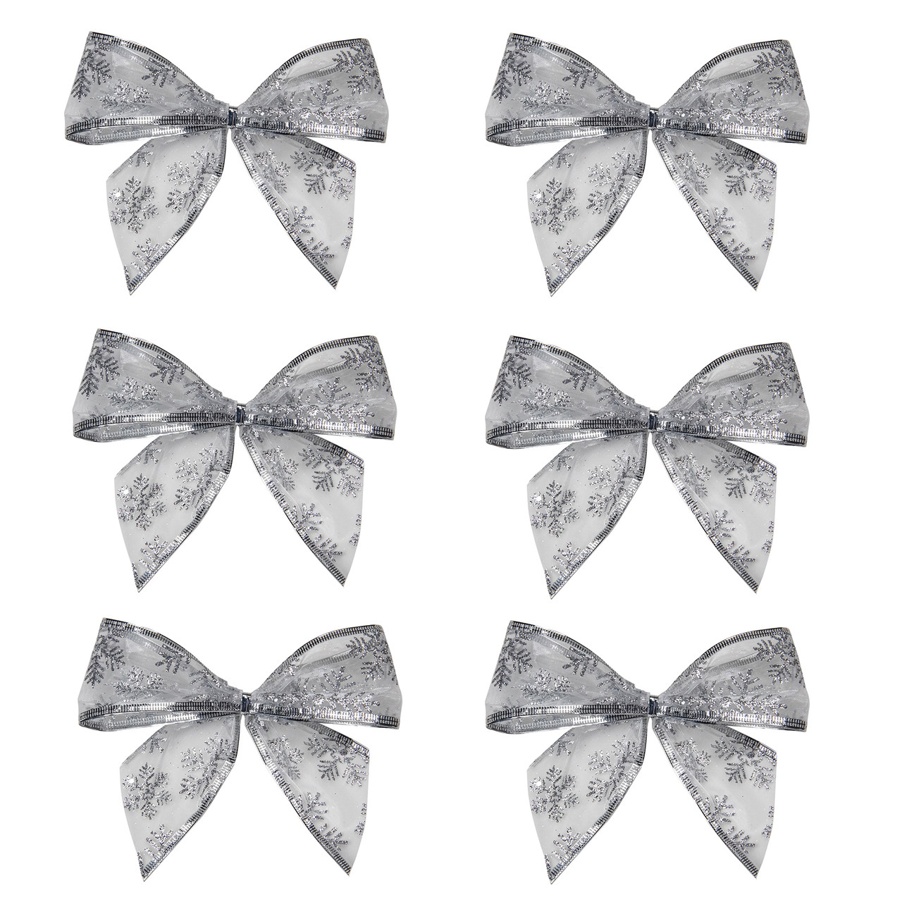 Sheer Snowflake 2-Loop Christmas Bow Decorations - 5.5" - Silver - Pack of 6