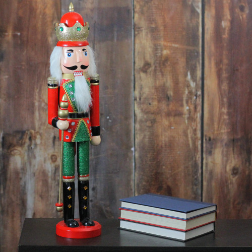 24" Red and Green Wooden Christmas Nutcracker King with Scepter