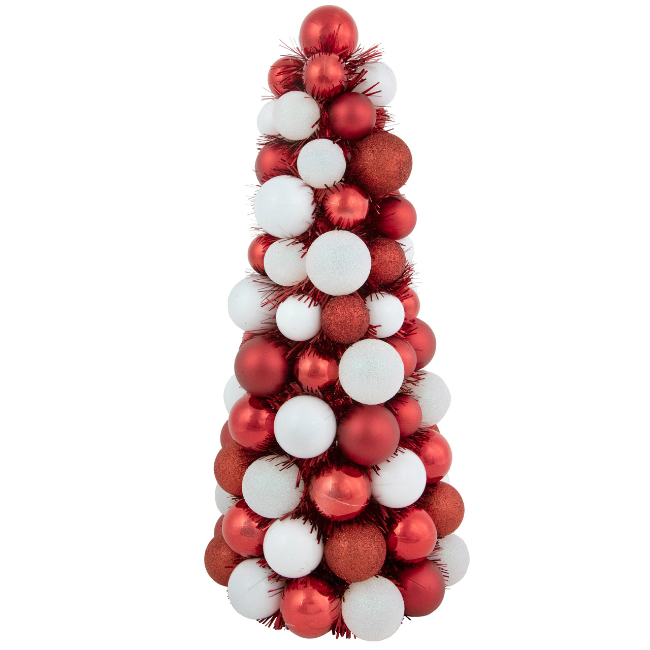 3-Finish Shatterproof Ball Christmas Tree with Tinsel - 15.75" - Red and White