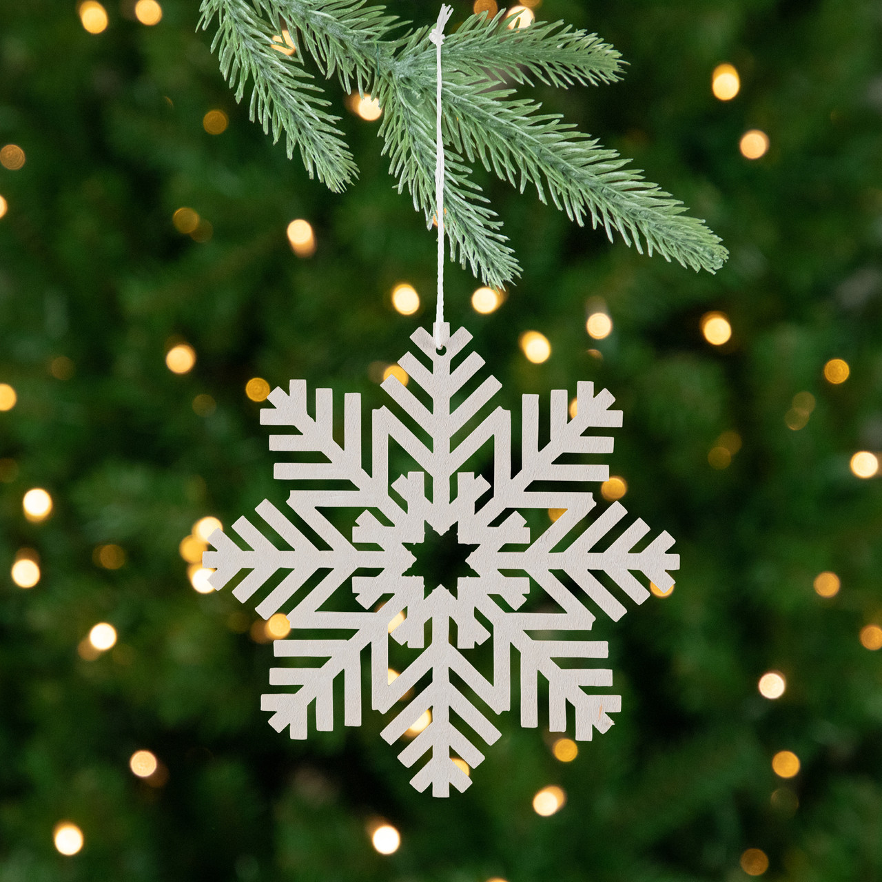Snowflake Shaped Cut-Out Wooden Christmas Ornaments - 4.75" - White - Set of 4