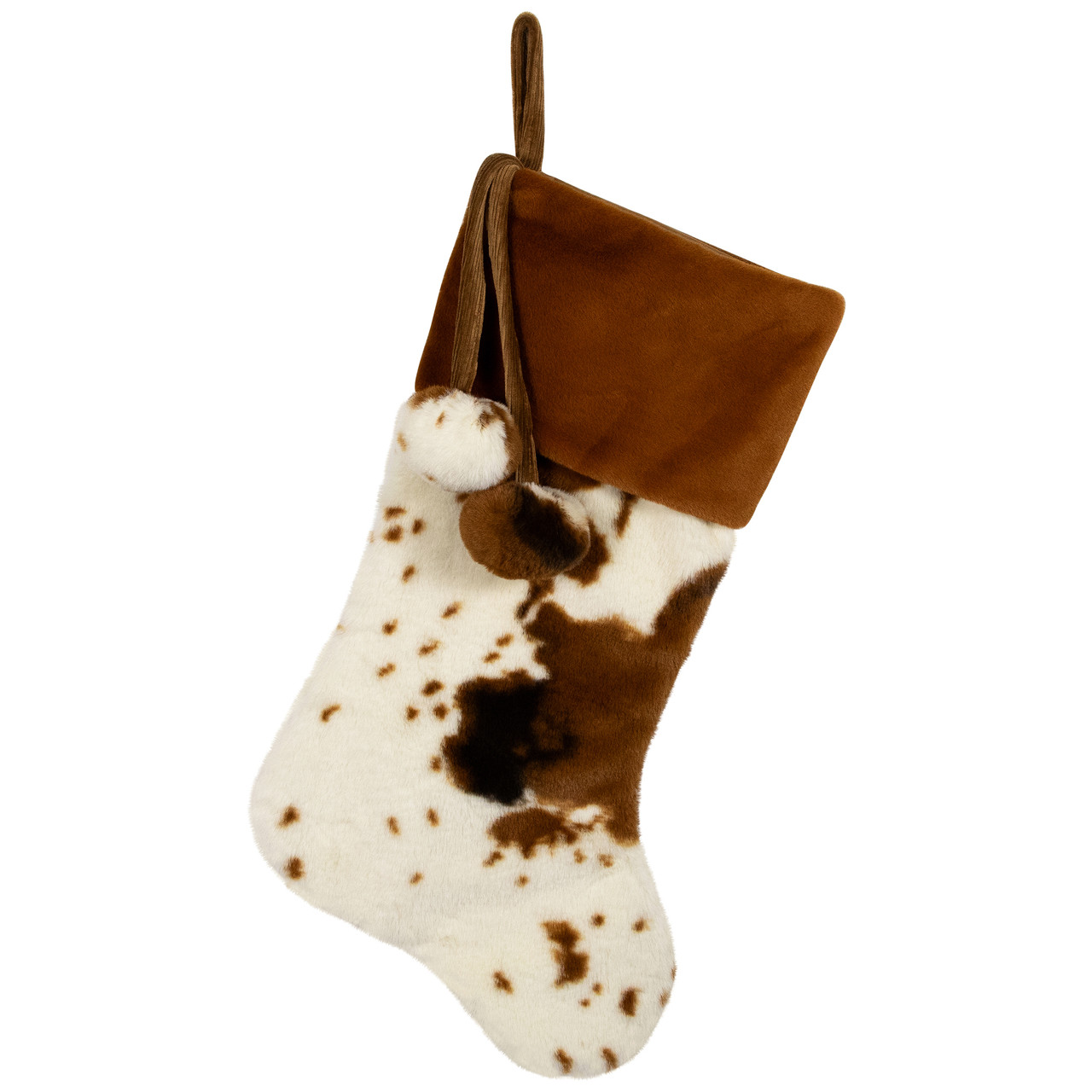Plush Cowhide Inspired Christmas Stocking with Pom Poms - 20.5" - Brown