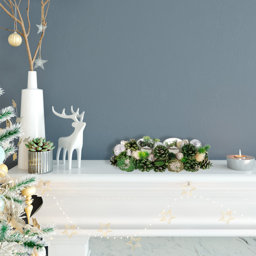 13" Green Pinecone and Silver Glitter Ornaments Christmas Tealight Candle Holder