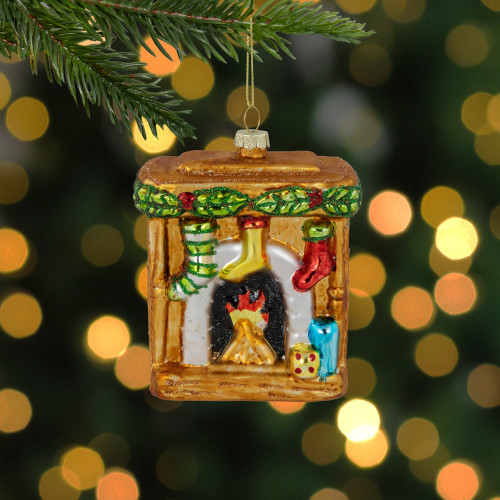 4" Bronze Glittered Fireplace Glass Christmas Hanging Ornament