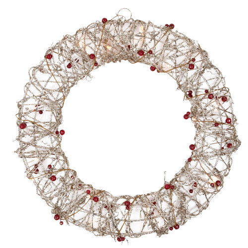 18" Pre-Lit Champagne Gold Glittered Rattan Berry Artificial Christmas Wreath - Clear Lights