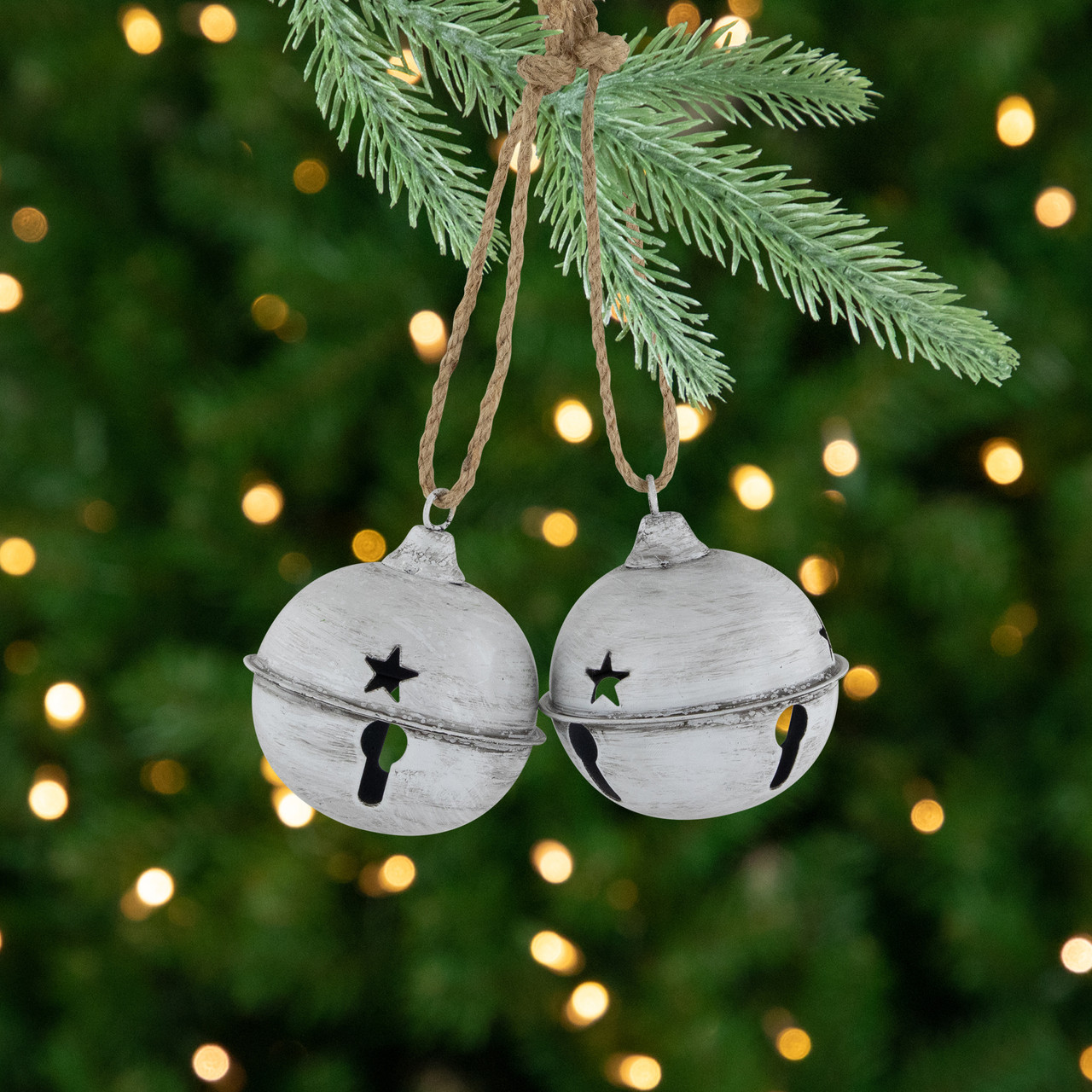 Antiqued Christmas Jingle Bell Ornaments - 3" - White - Set of 2
