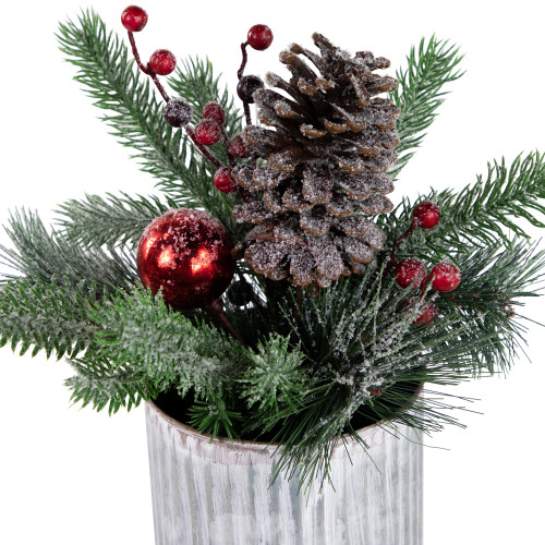 12" Frosted Pine, Berries and Pine Cones Floral Arrangement in Tin Pot